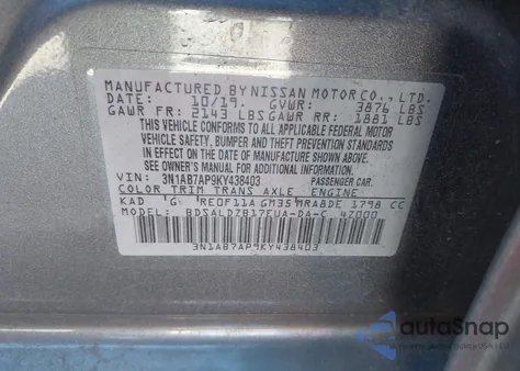 2019 Nissan Sentra Sv z USA, uszkodzony, nr VIN 3N1AB7AP9KY438403